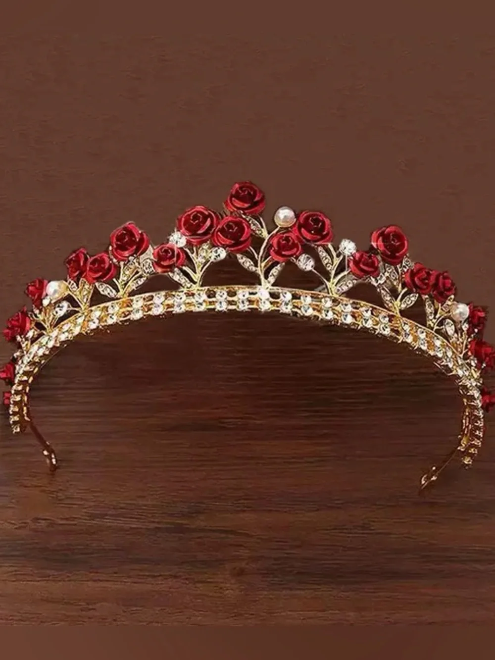 Gold Floral Red Rose Crystal Crown Headband